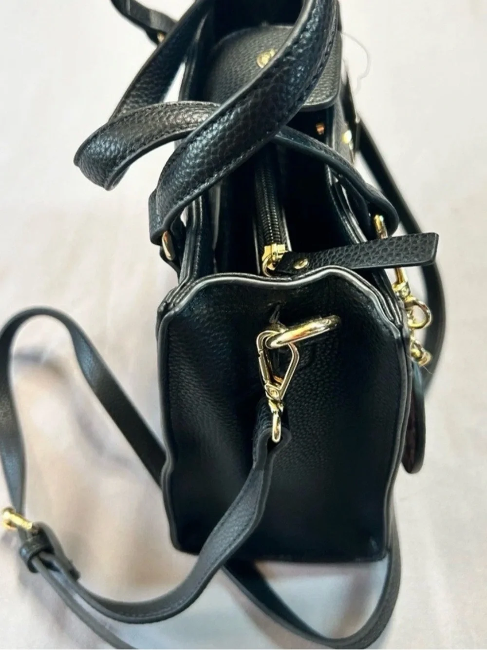 Nanette Lepore Black Vegan Leather Pebbled Satchel Bag with Floral Mirror Charm